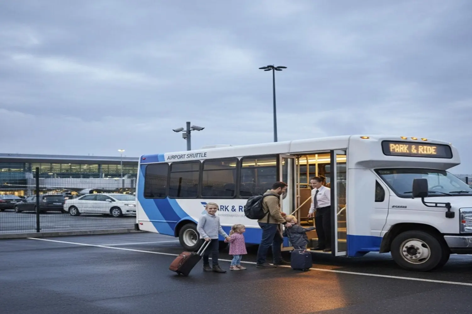 Family with luggage preparing to board an airport parking shuttle