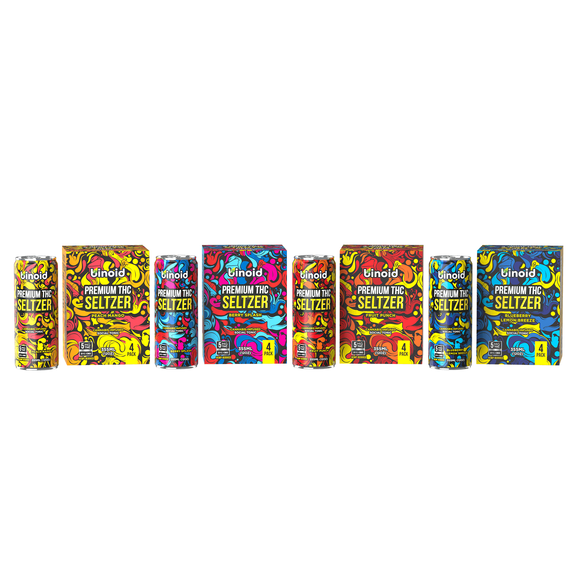 Binoid THC seltzer bundle cans and packaging