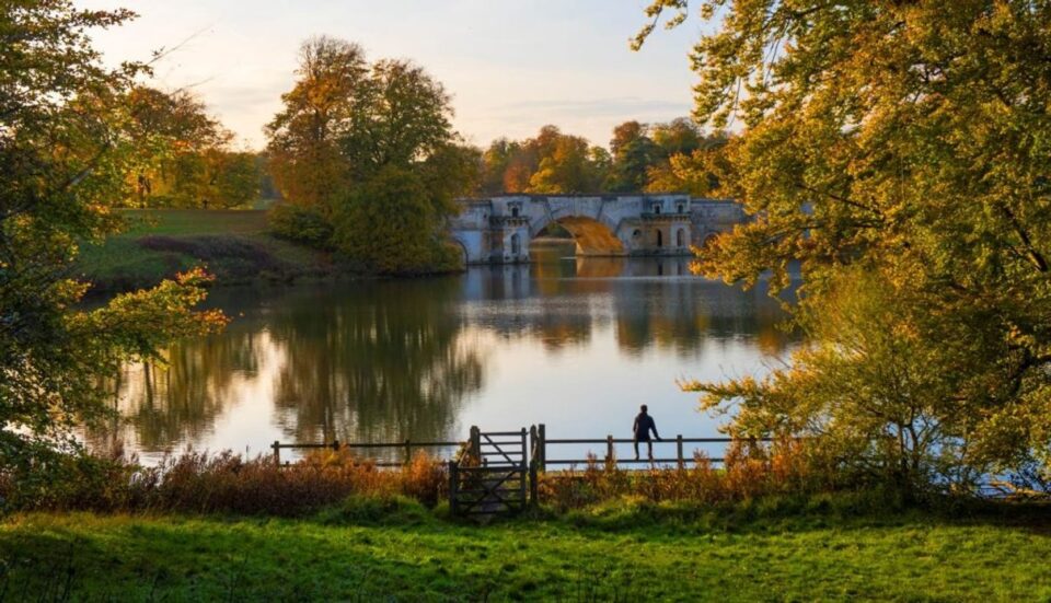 Autumn view across the lake and parkland at Blenheim Palace
