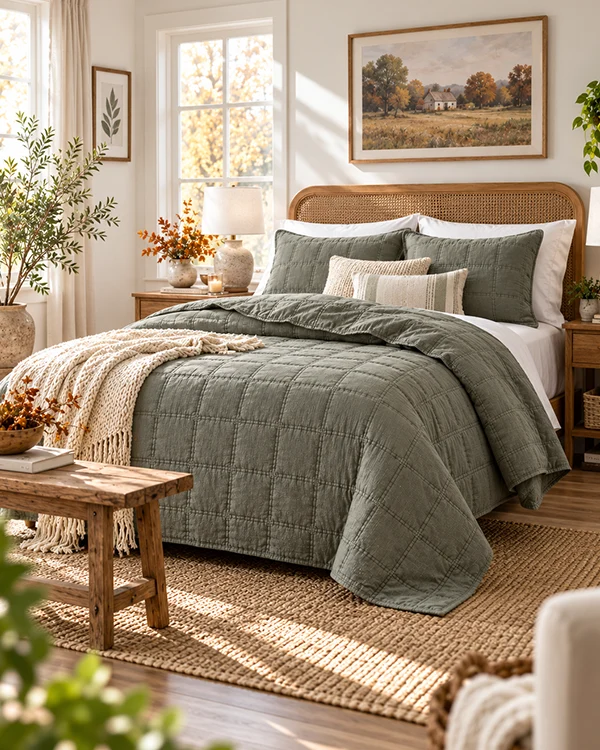 Stone-washed cotton quilt set shown on a bed