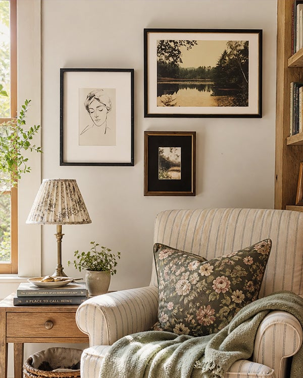 Three-piece curated gallery wall art collection in wood and glass frames