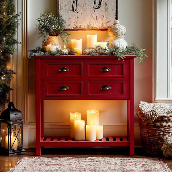 Antique red farmhouse console table styled with greenery and seasonal decor