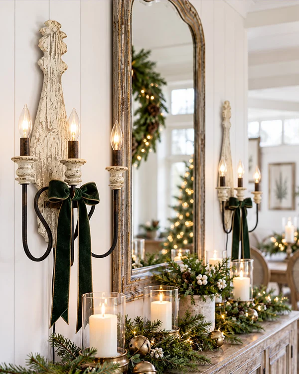 Tall fir wood and iron wall sconce with a cord switch