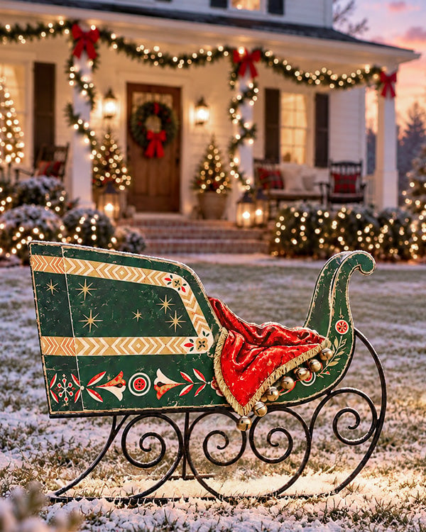 Outdoor Christmas sled silhouette with hanging bells