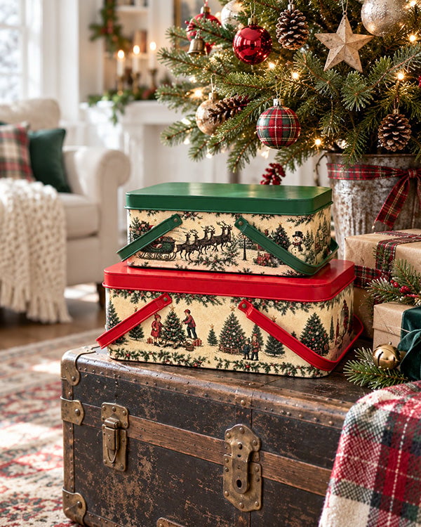 Vintage-inspired printed metal holiday trunks
