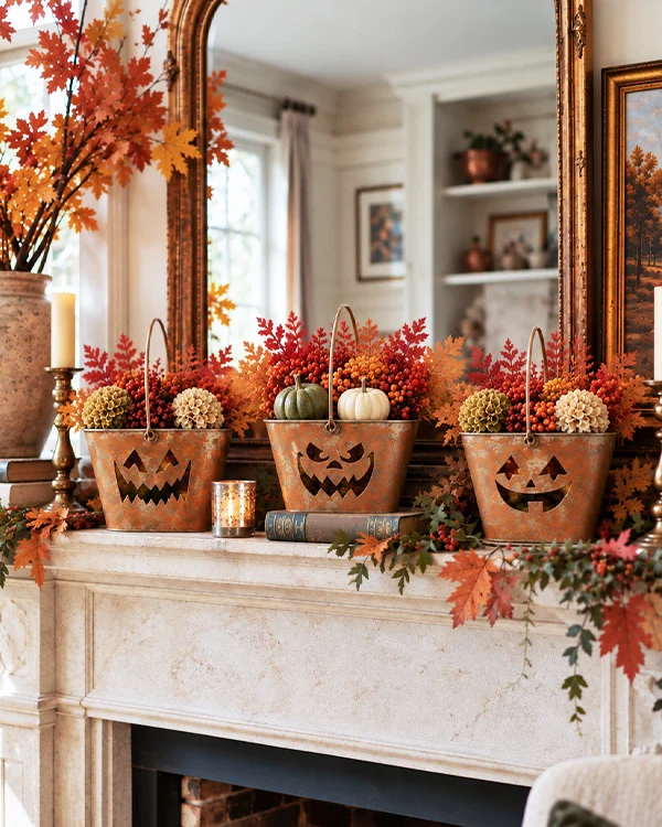 Three rust-finish pumpkin face buckets for seasonal display