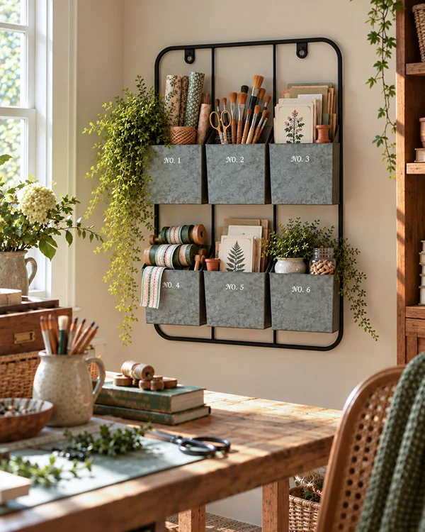 Silver metal wall organizer with six cubbies