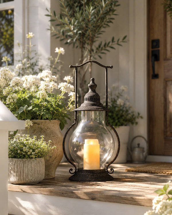 Solar Powered Antique Gold Iron Outdoor Lantern with decorative metal cutouts