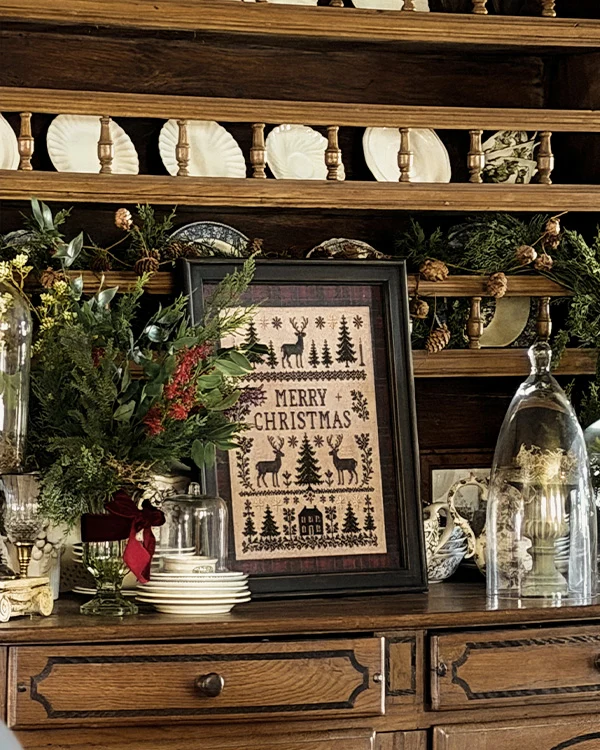 Framed Victorian-style needlepoint sampler Christmas wall art