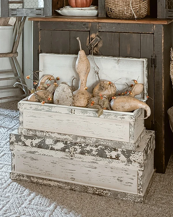 Pair of chippy white storage trunks