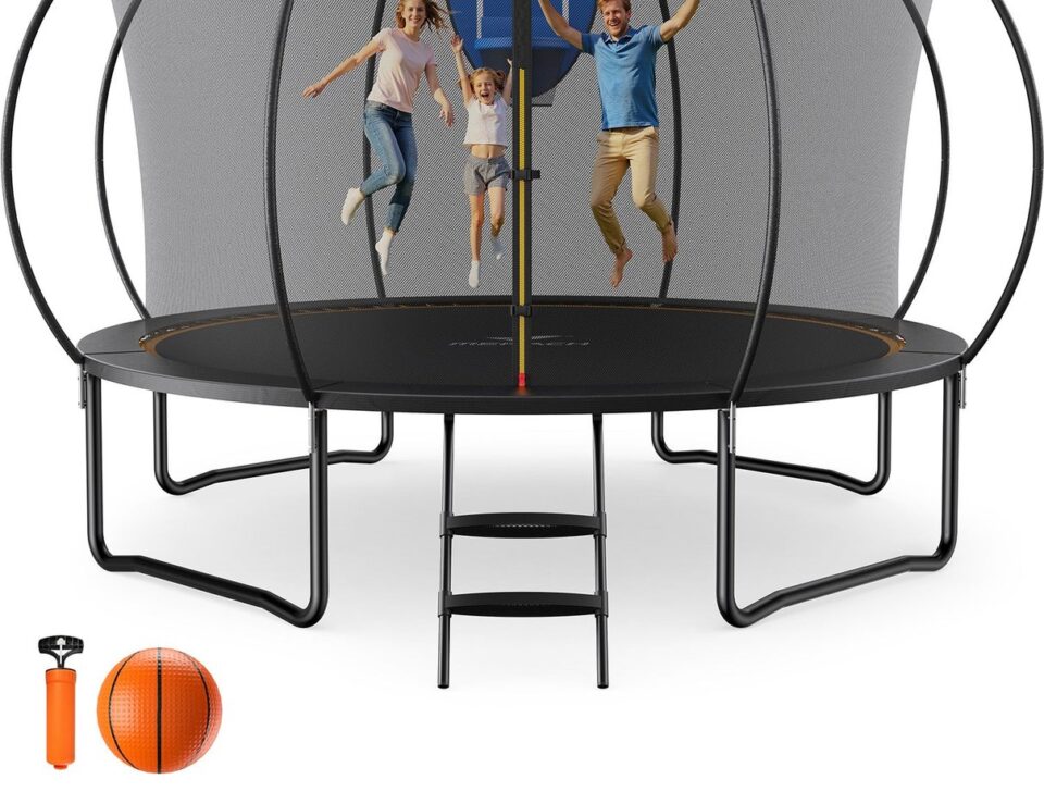 Family using an outdoor trampoline