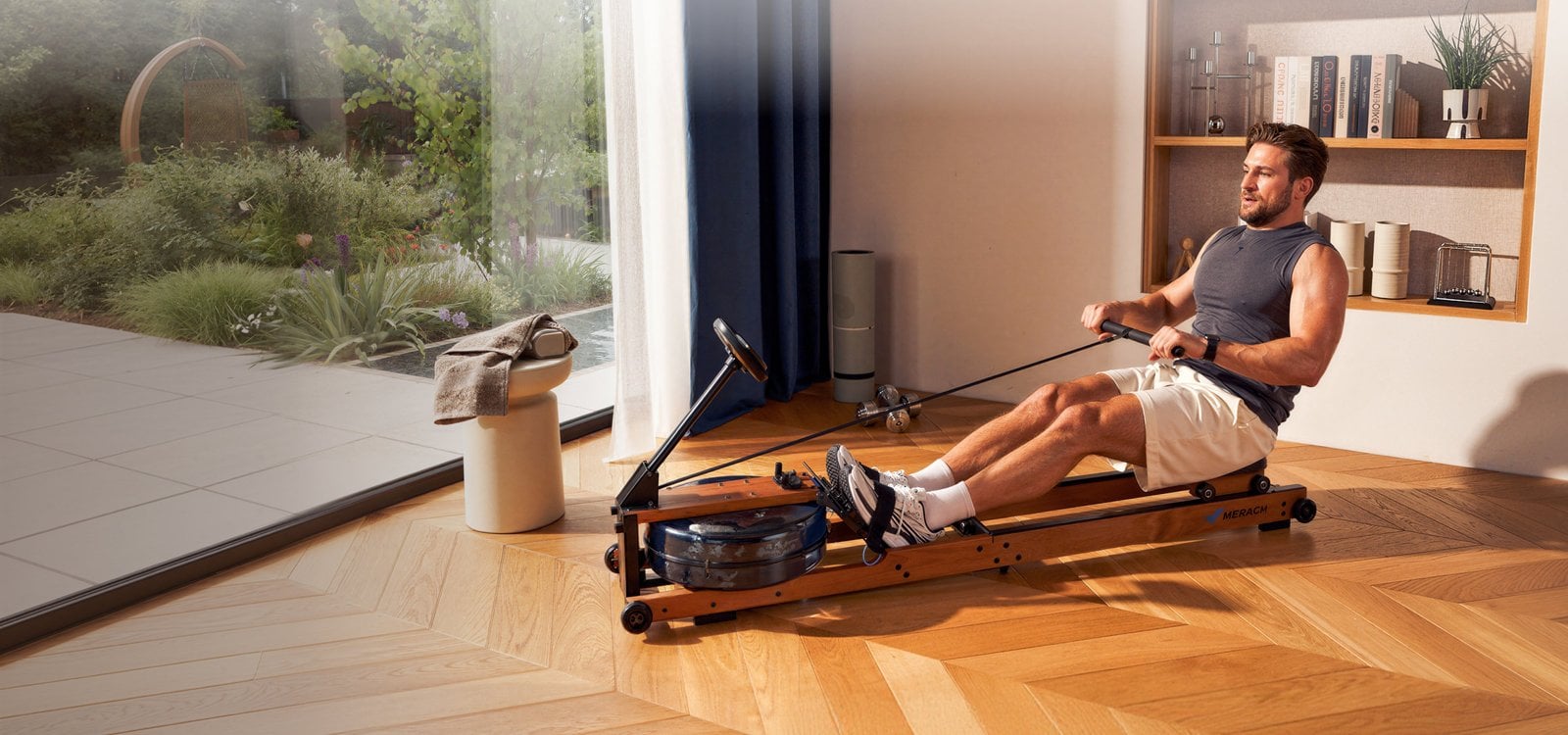 Merach water rowing machine in a home setting