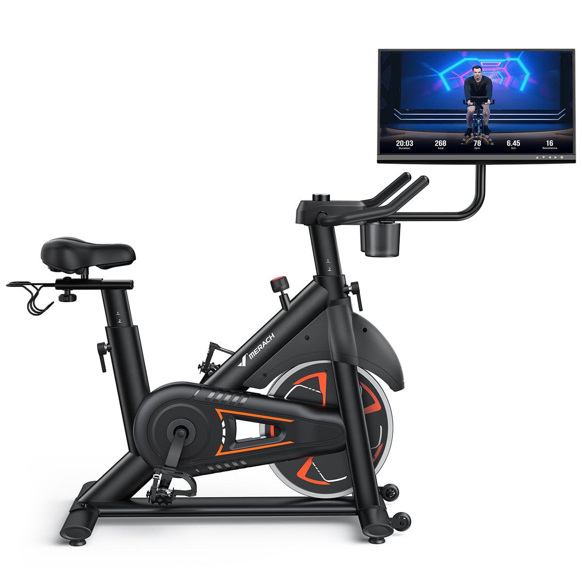 Merach S36 indoor exercise bike with screen