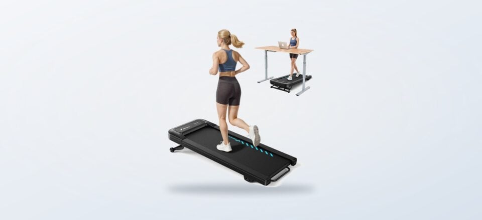 Merach walking pad treadmill shown in a home setting