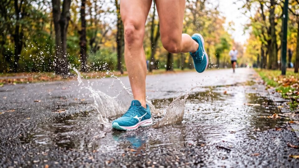 Natte sportschoenen na een regenachtige wandeling