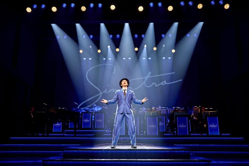 Cast members in a performance moment from Sinatra the Musical