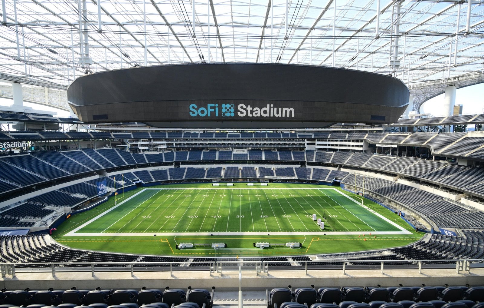 Empty SoFi Stadium field beneath the central video board