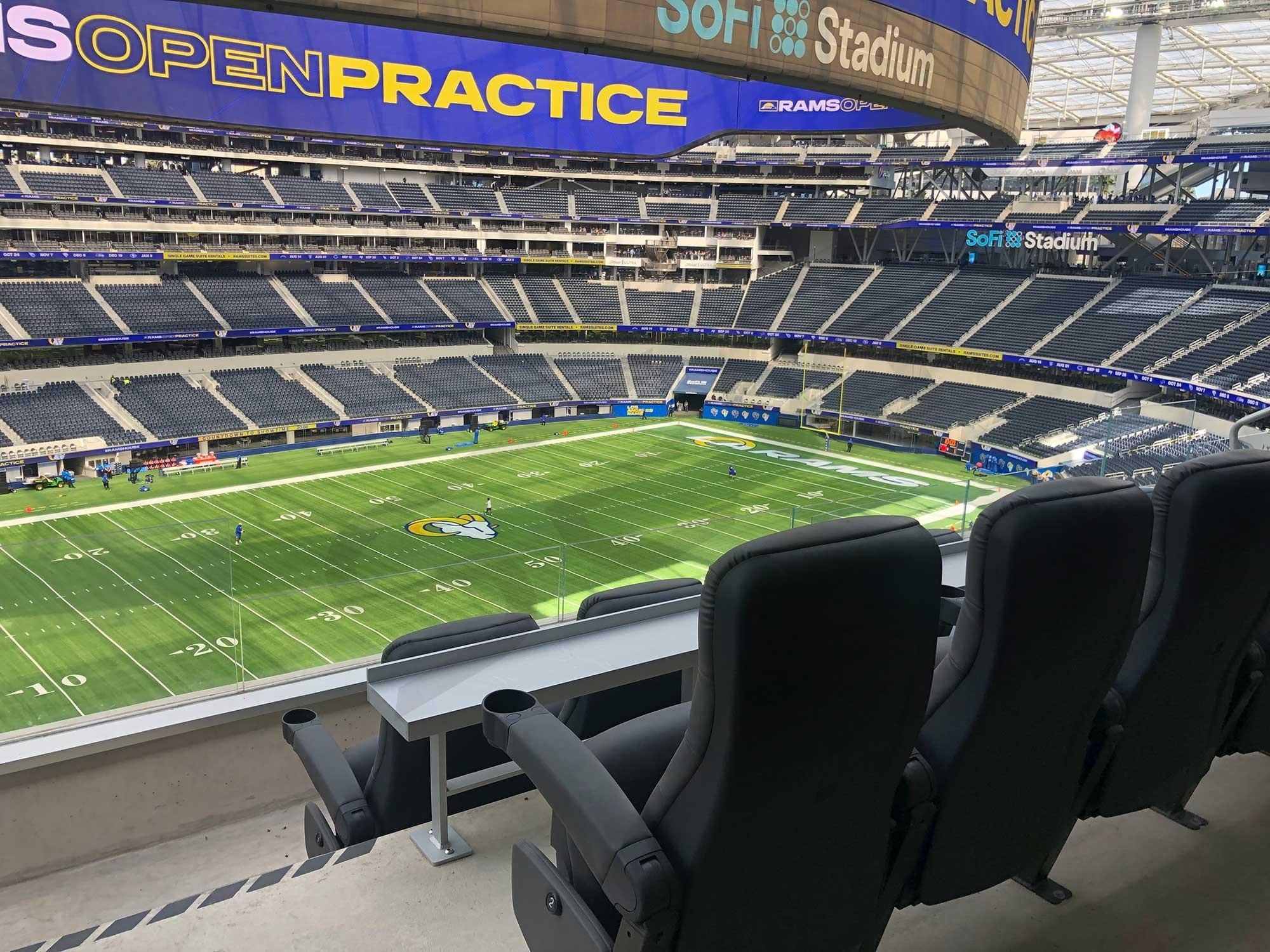 View of the SoFi Stadium field from a suite
