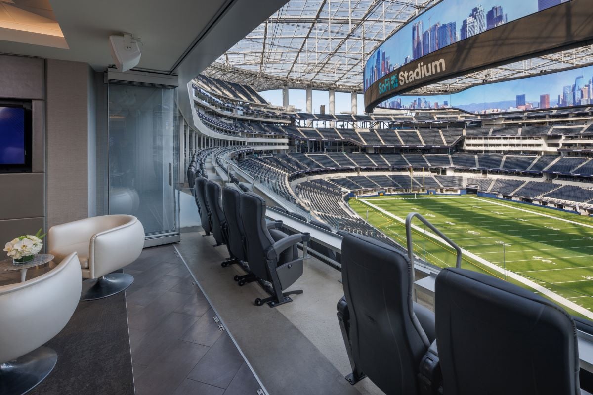 Seating area inside a SoFi Stadium suite