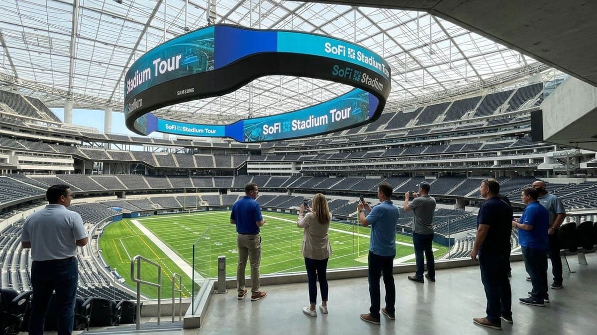 Visitors viewing the field from a SoFi Stadium concourse