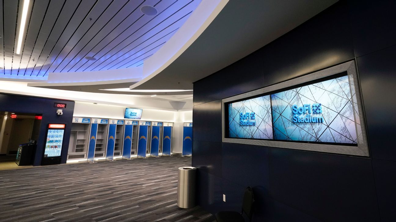 Blue numbered lockers in a SoFi Stadium locker room