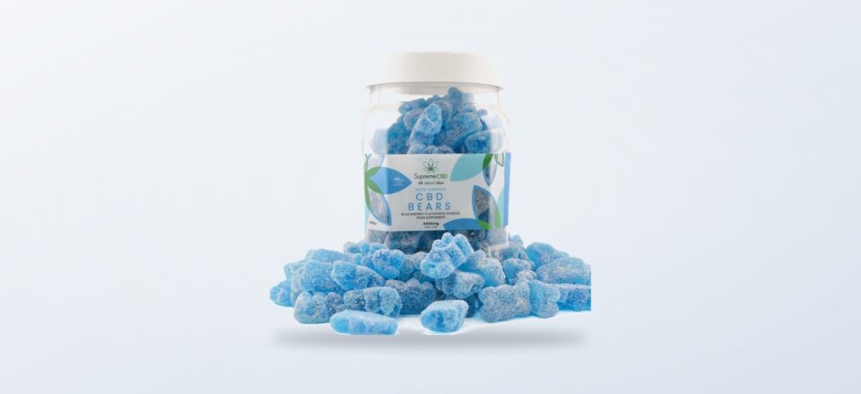 Blue gummy bears product tub shown on the SupremeCBD listing