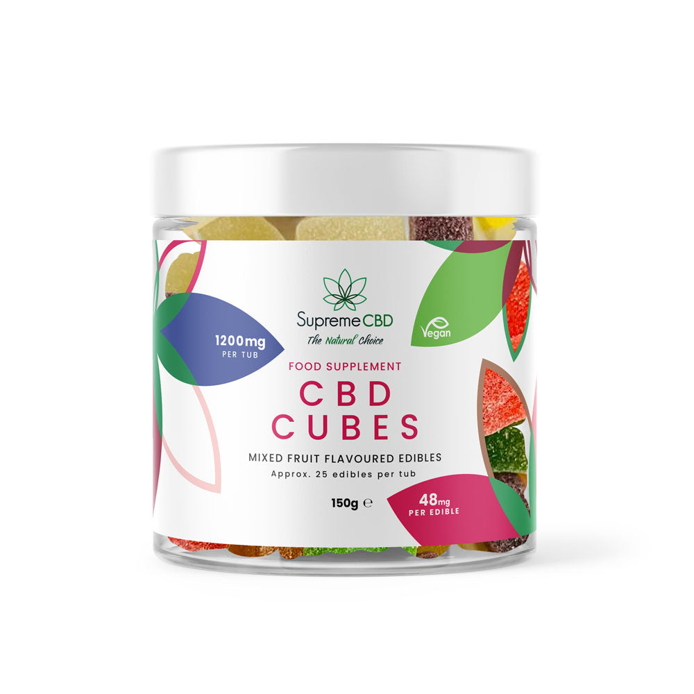 Mixed fruit CBD gummy cubes in a tub from the SupremeCBD range