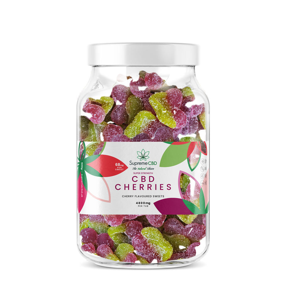 Large tub of cherry CBD gummies from the SupremeCBD range