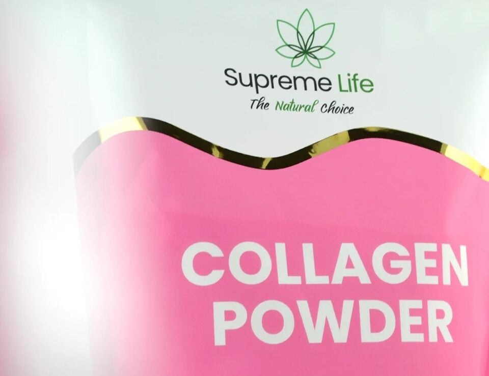 SupremeCBD collagen powder shown in a lifestyle setting