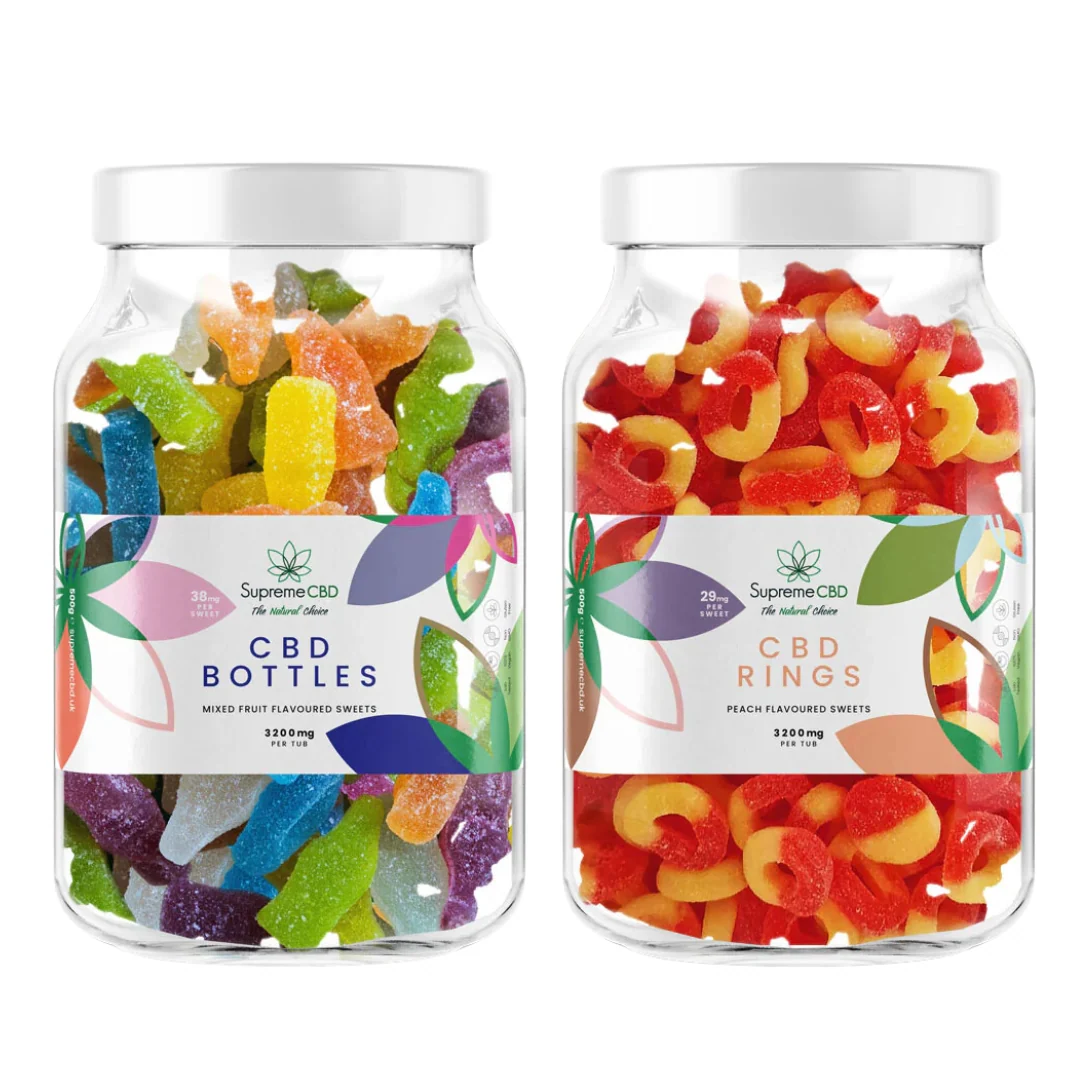 SupremeCBD peach gummies and product bottle shown in a product image