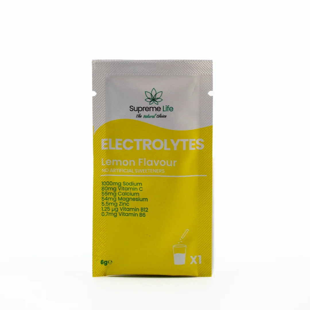 Front of an individual Supreme Life lemon electrolyte sachet