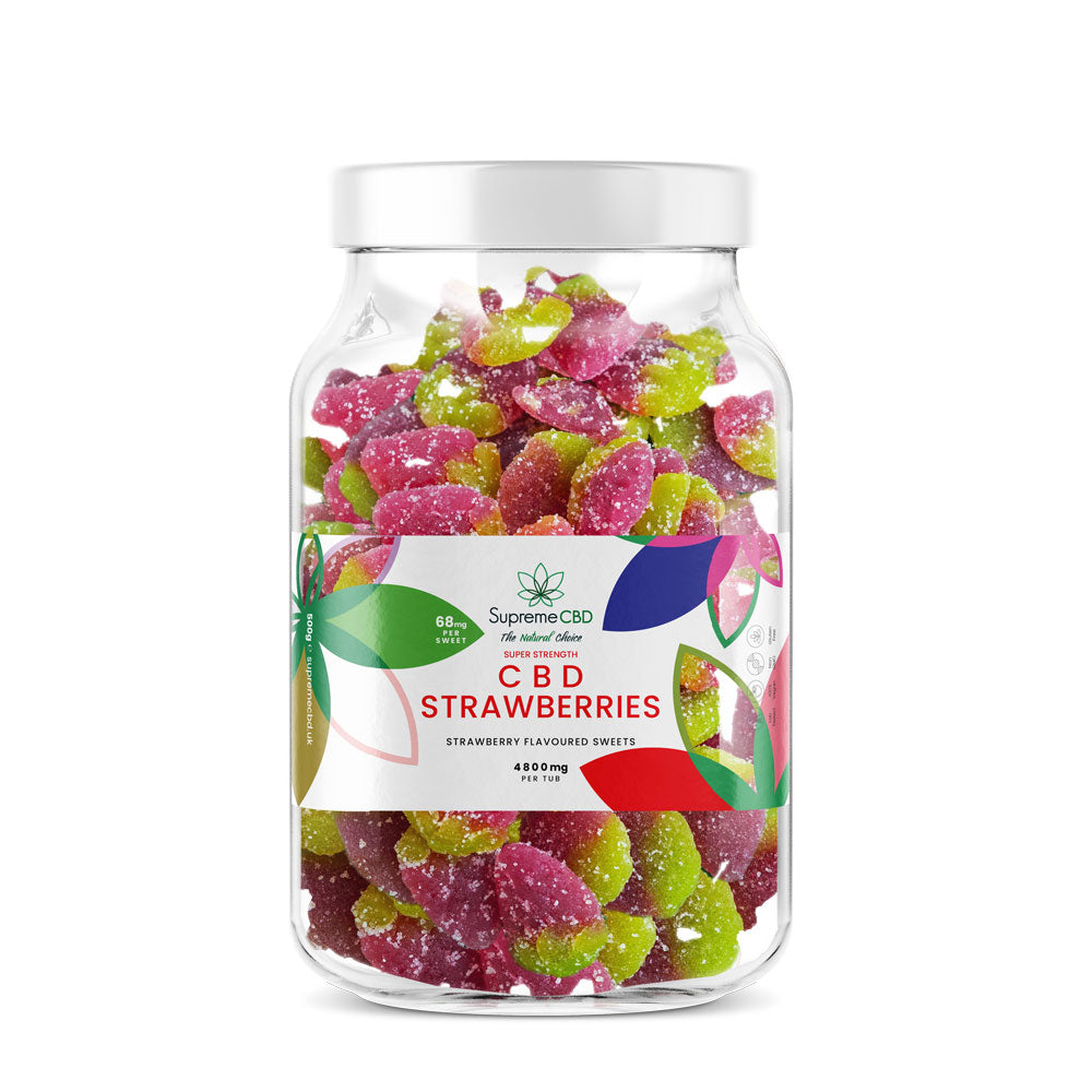 Large tub of strawberry CBD gummies from the SupremeCBD range