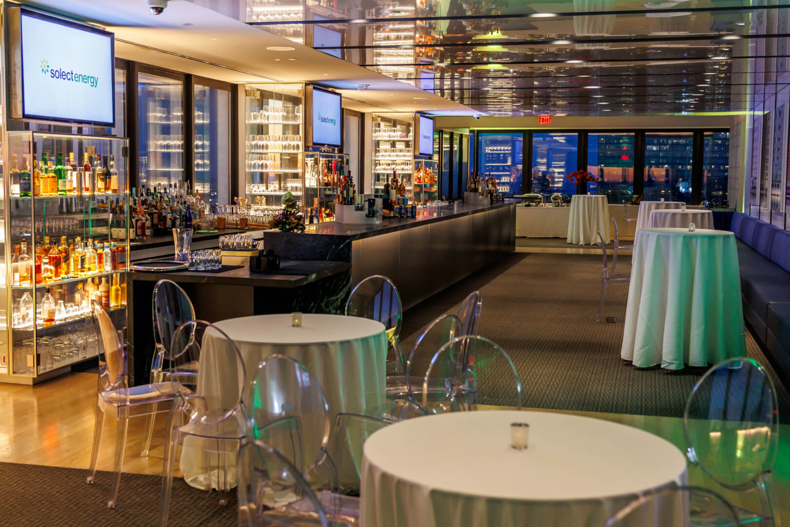 An empty bar set up for an event at View Boston