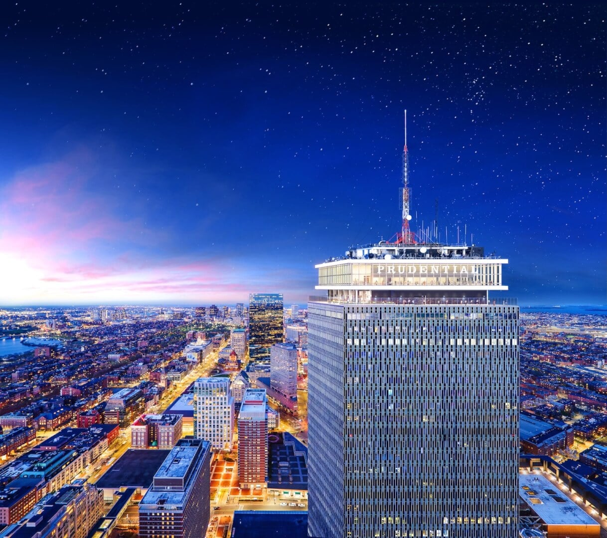 View Boston illuminated above the Boston skyline