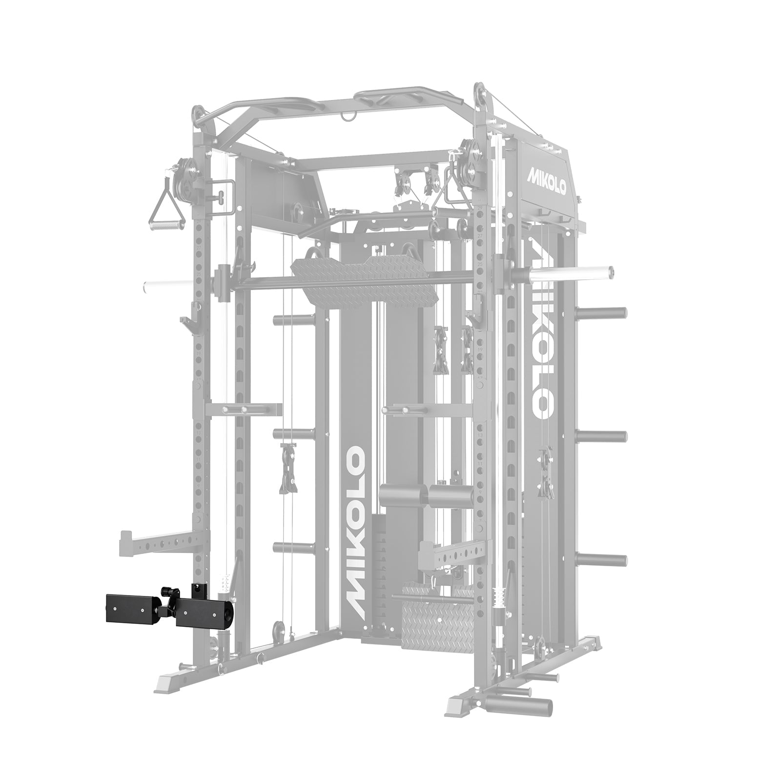 combined lat pull and low row pad attachment for a two-by-two-inch rack
