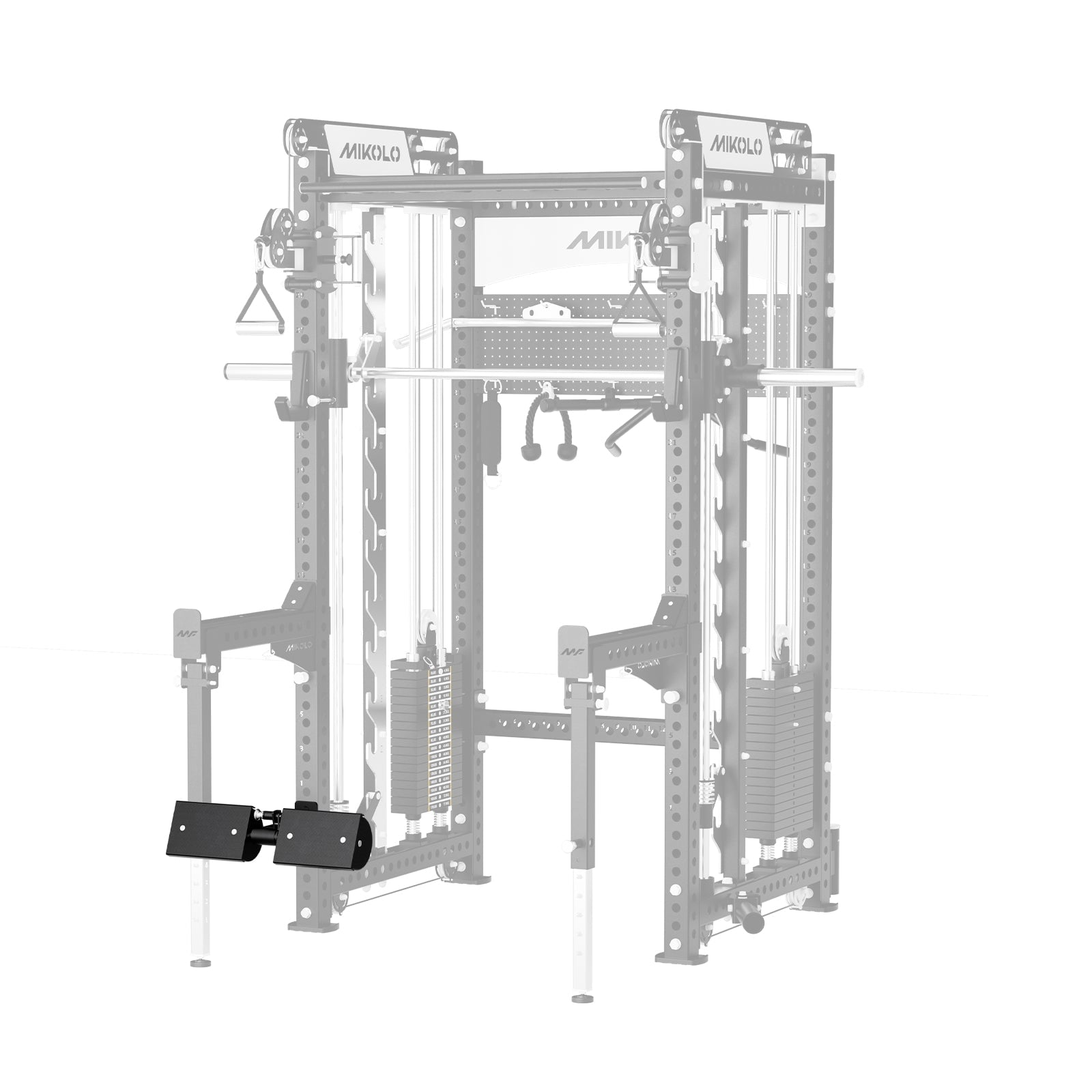 combined lat pull and low row pad attachment for a three-by-three-inch rack